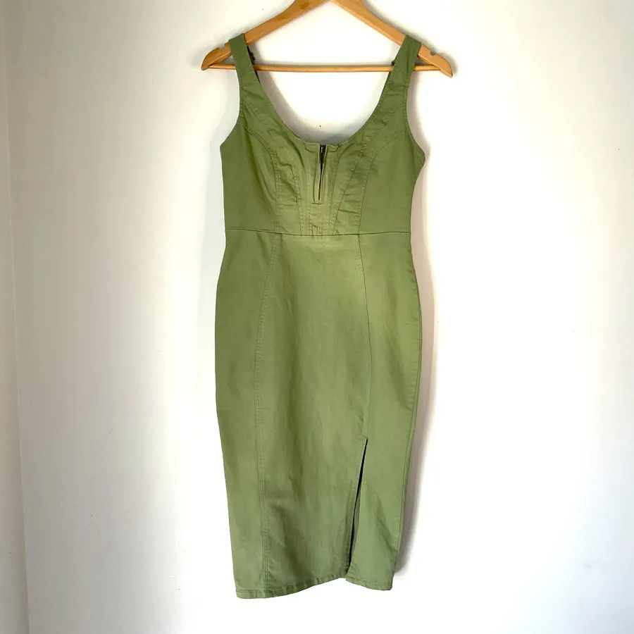 Saints & Secrets Woman's Size 12 Khaki Green Denim Bodycon Cotton Blend Dress - Photo 1 of 8