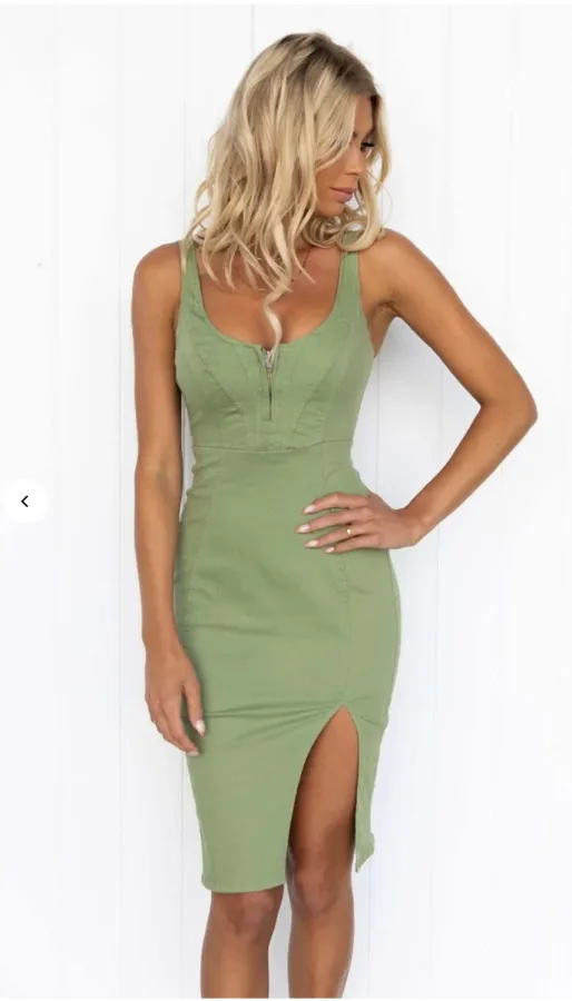 Saints & Secrets Woman's Size 12 Khaki Green Denim Bodycon Cotton Blend Dress - Photo 7 of 8