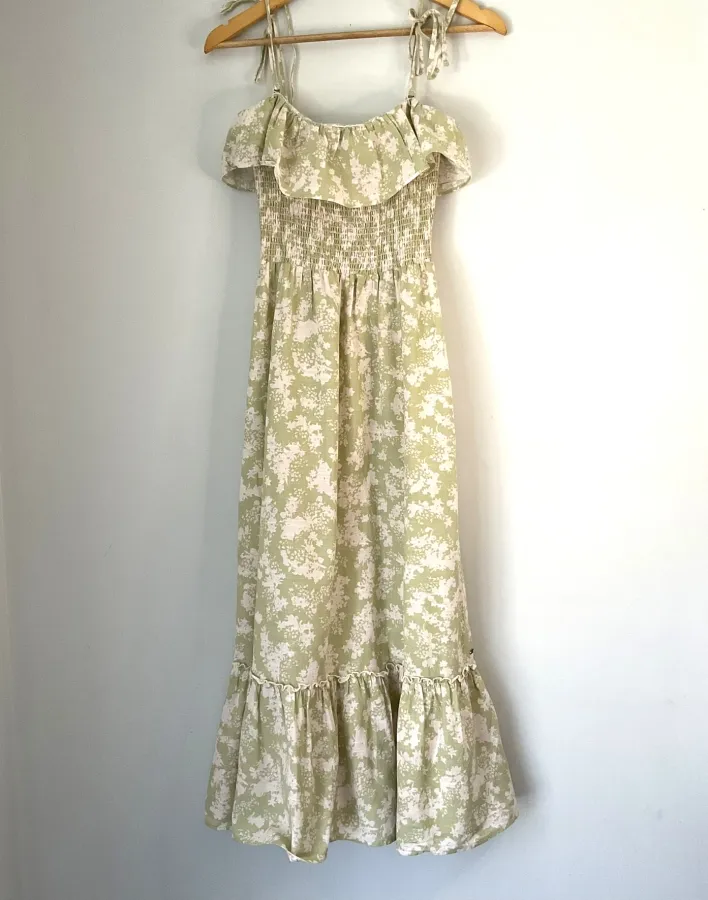 GHANDA Woman's Size M 100% Cotton Avocado Green Floral Ruffle Tiered Midi Bohemian Dress - Photo 2 of 8