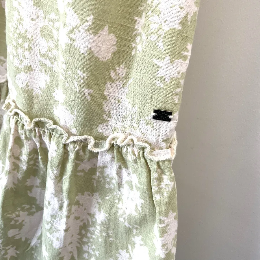 GHANDA Woman's Size M 100% Cotton Avocado Green Floral Ruffle Tiered Midi Bohemian Dress - Photo 3 of 8