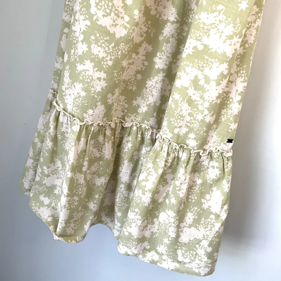 GHANDA Woman's Size M 100% Cotton Avocado Green Floral Ruffle Tiered Midi Bohemian Dress - Photo 4 of 8