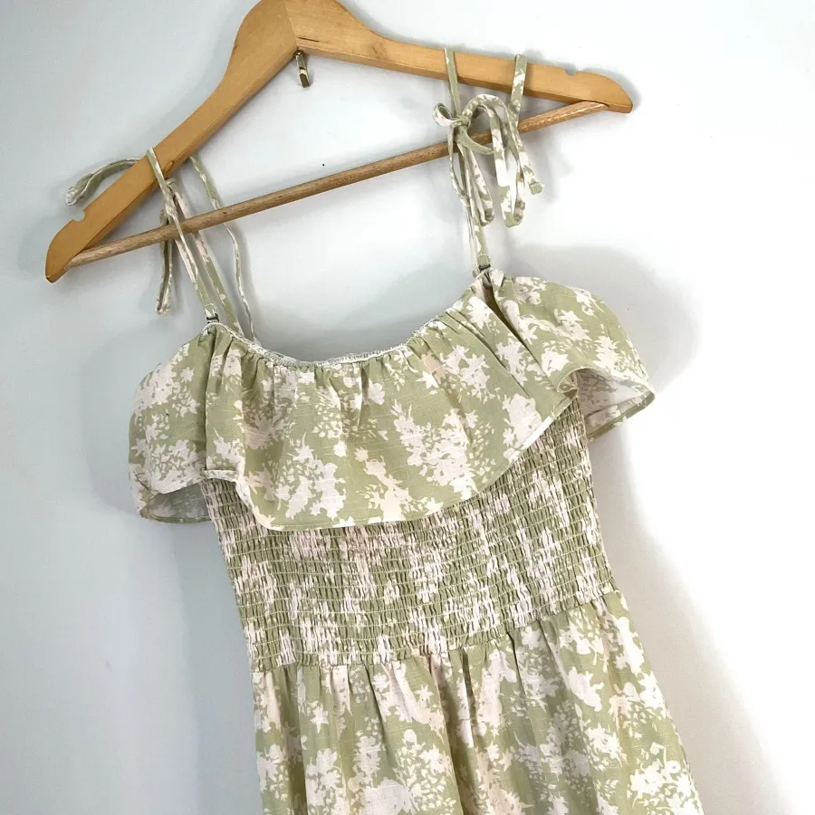 GHANDA Woman's Size M 100% Cotton Avocado Green Floral Ruffle Tiered Midi Bohemian Dress - Photo 5 of 8