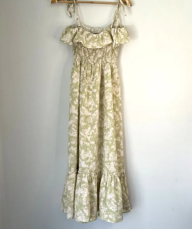 GHANDA Woman's Size M 100% Cotton Avocado Green Floral Ruffle Tiered Midi Bohemian Dress - Photo 6 of 8