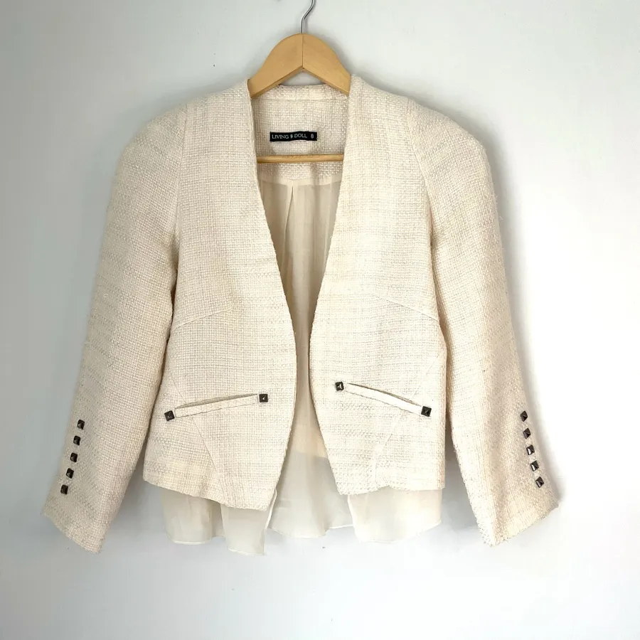 Living Doll Size 8 Cream Tweed Cropped Studded Chiffon Hem Lined Blazer Jacket - Photo 1 of 6