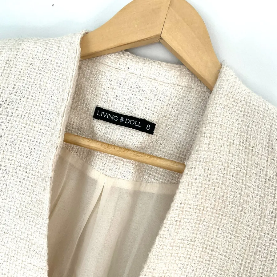 Living Doll Size 8 Cream Tweed Cropped Studded Chiffon Hem Lined Blazer Jacket - Photo 3 of 6