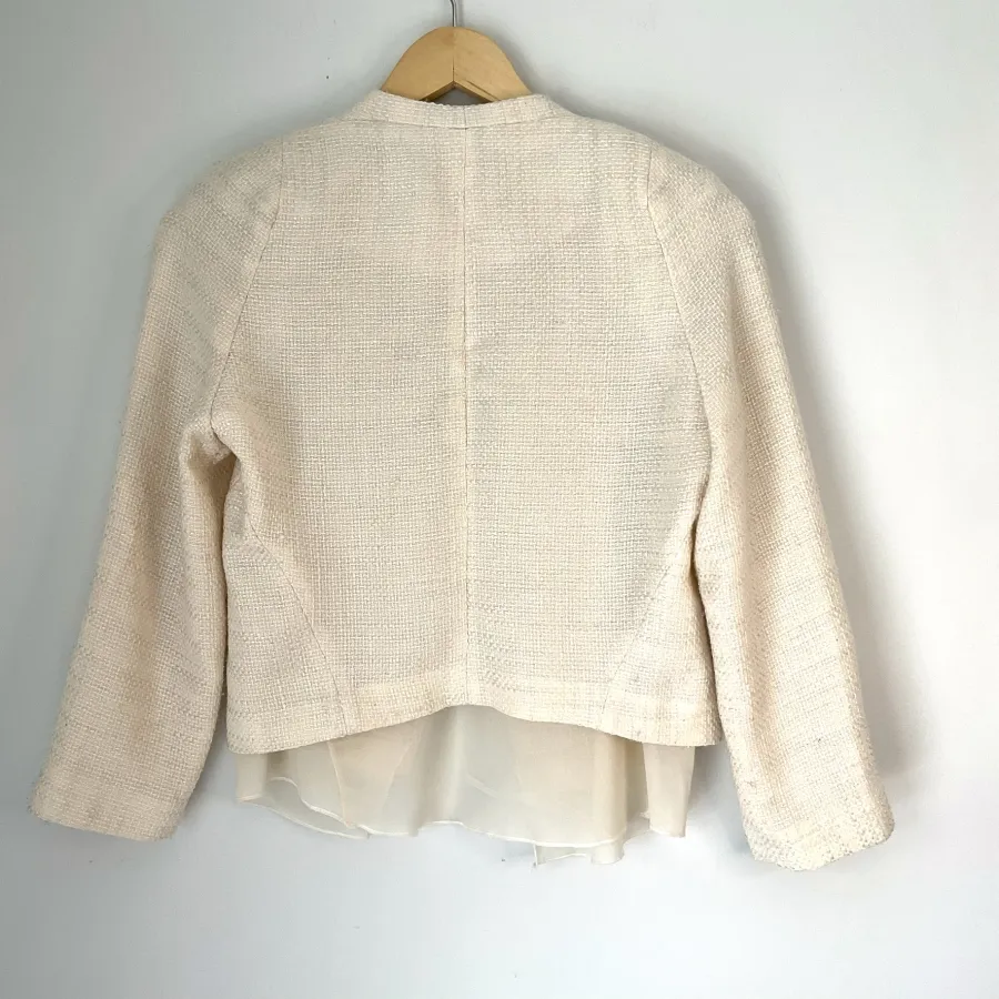 Living Doll Size 8 Cream Tweed Cropped Studded Chiffon Hem Lined Blazer Jacket - Photo 5 of 6