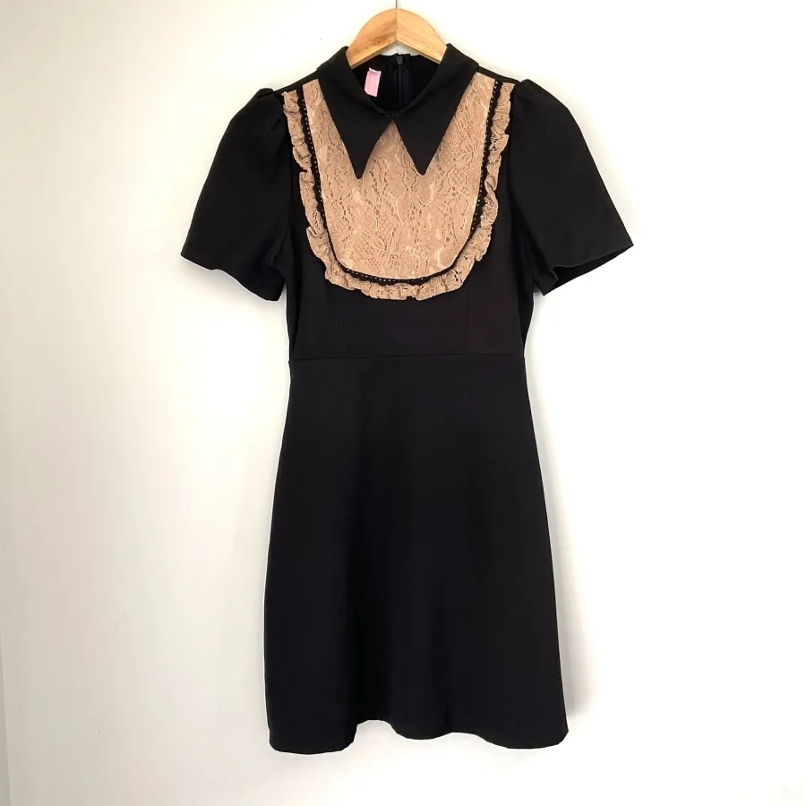Galleria Chic Woman's Size XS Black Collared Lined Short Sleeve Tan Lace Retro Gothic Wednesday Style Mini Dress - Photo 1 of 3