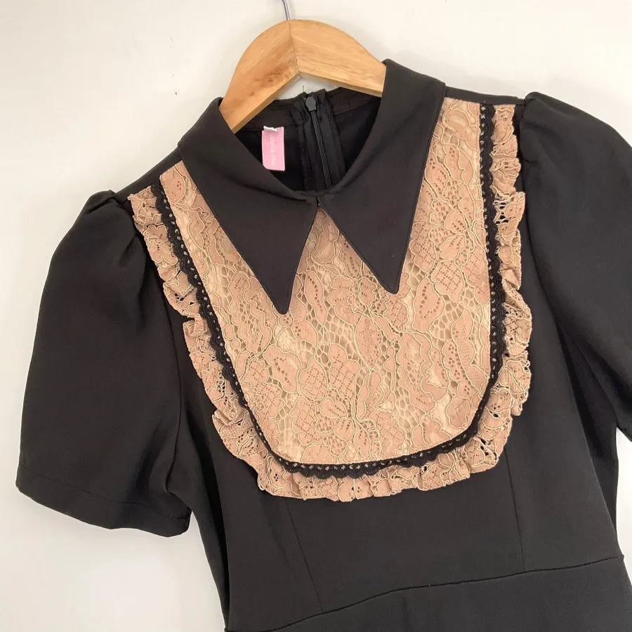 Galleria Chic Woman's Size XS Black Collared Lined Short Sleeve Tan Lace Retro Gothic Wednesday Style Mini Dress - Photo 2 of 3