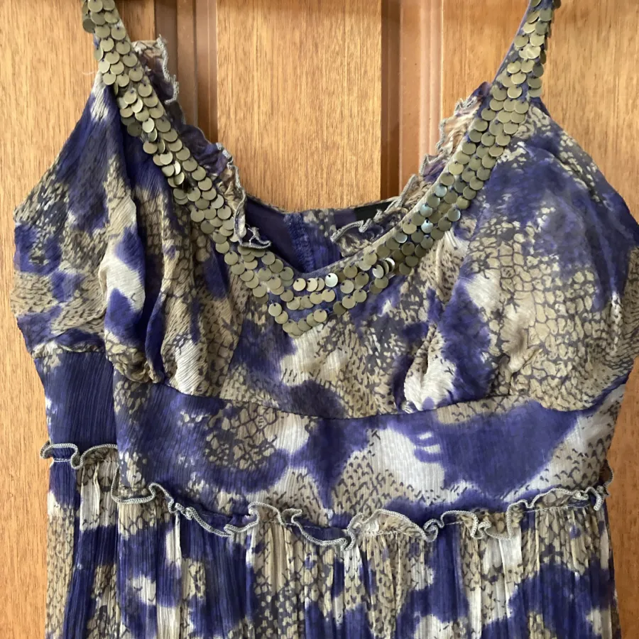 Tokito Silk Tie Dye Print Sequin Neck Strappy Purple Dress - Photo 2 of 8