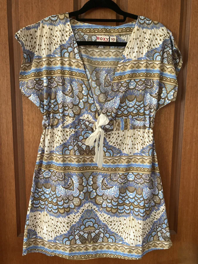 Cute Roxy Short Dress Blue Abstract Print Tie Waist Size 10 - Photo 1 of 5