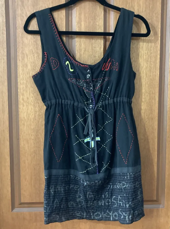 Threadz Australia Black Embellished Embroidered Cotton Tunic Top Tie Waist Size M - Photo 1 of 5