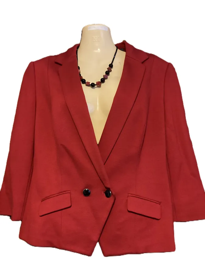 MARC'S red double-breasted rayon crop jacket with front flaps and 3/4 length sleeves. Size 12. - Photo 1 of 5