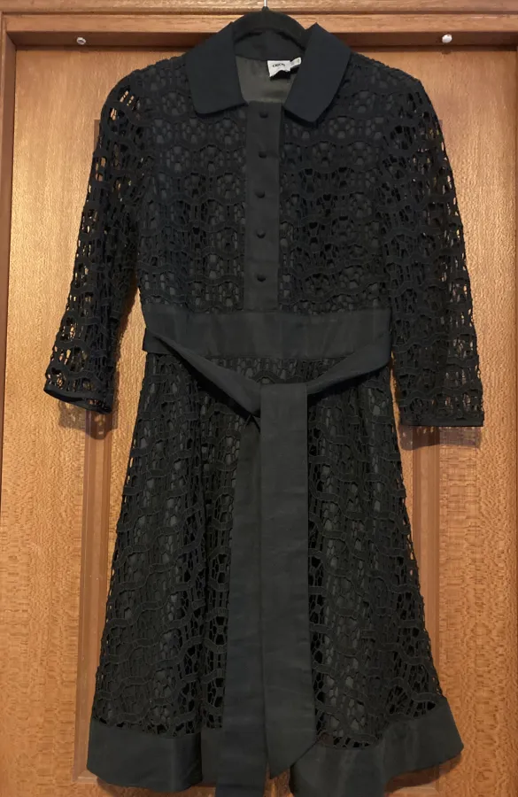 ASOS black lace long sleeved fit and flare dress. Shirt style front. Size 10 - Photo 1 of 6