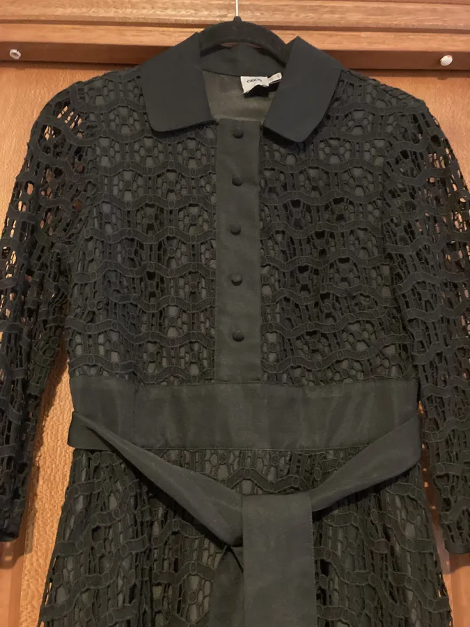 ASOS black lace long sleeved fit and flare dress. Shirt style front. Size 10 - Photo 2 of 6