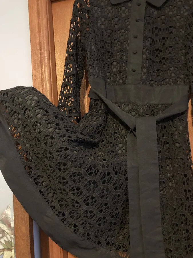 ASOS black lace long sleeved fit and flare dress. Shirt style front. Size 10 - Photo 3 of 6