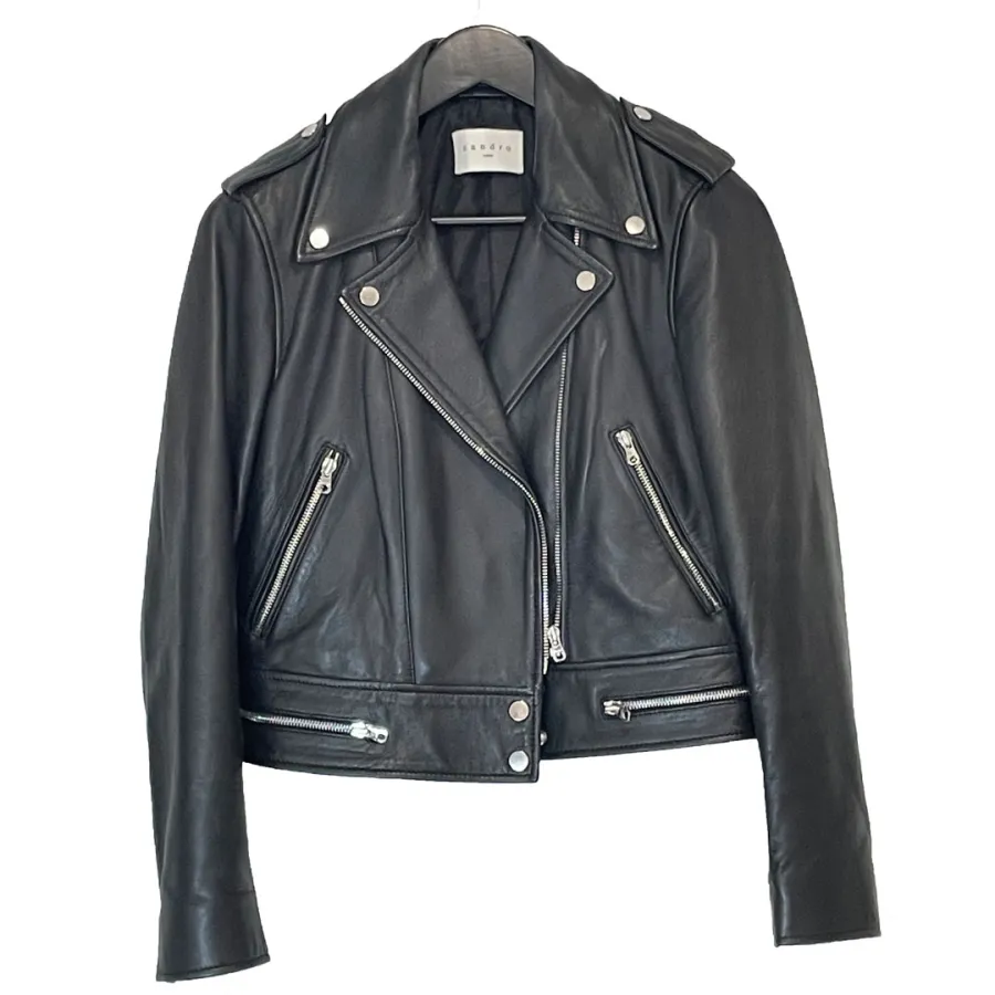 Sandro Paris: Cropped Leather Biker Jacket with Silver Hardware - Photo 1 of 14