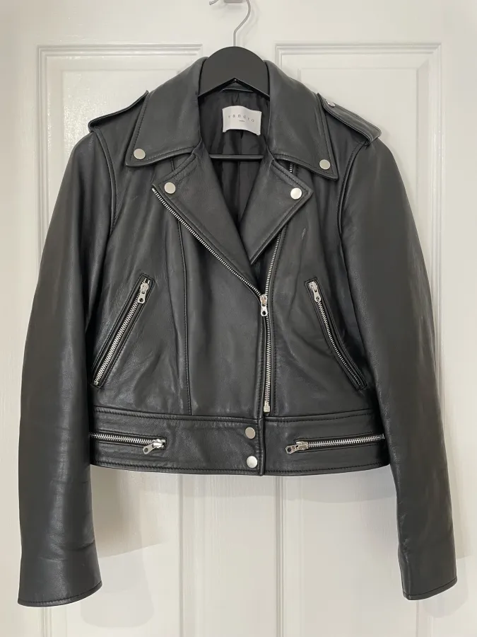 Sandro Paris: Cropped Leather Biker Jacket with Silver Hardware - Photo 7 of 14