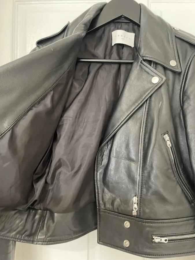 Sandro Paris: Cropped Leather Biker Jacket with Silver Hardware - Photo 8 of 14