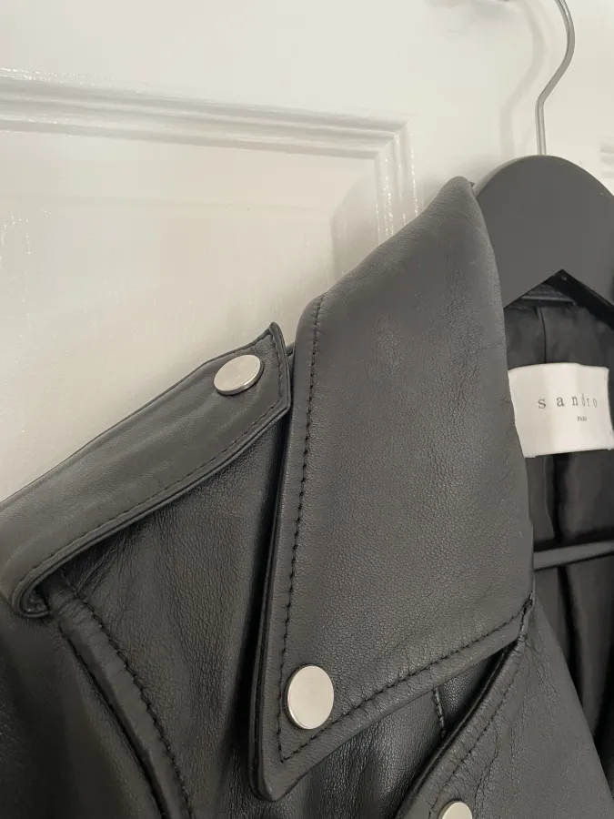 Sandro Paris: Cropped Leather Biker Jacket with Silver Hardware - Photo 9 of 14