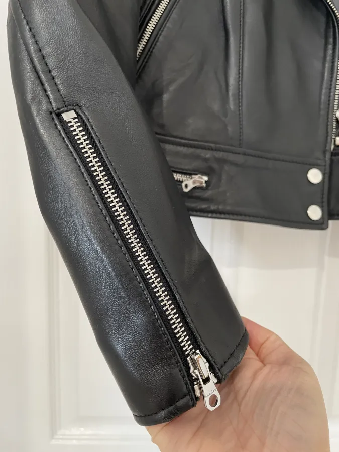 Sandro Paris: Cropped Leather Biker Jacket with Silver Hardware - Photo 11 of 14