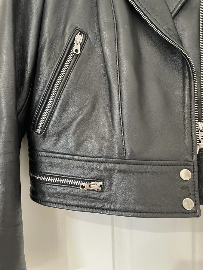 Sandro Paris: Cropped Leather Biker Jacket with Silver Hardware - Photo 13 of 14