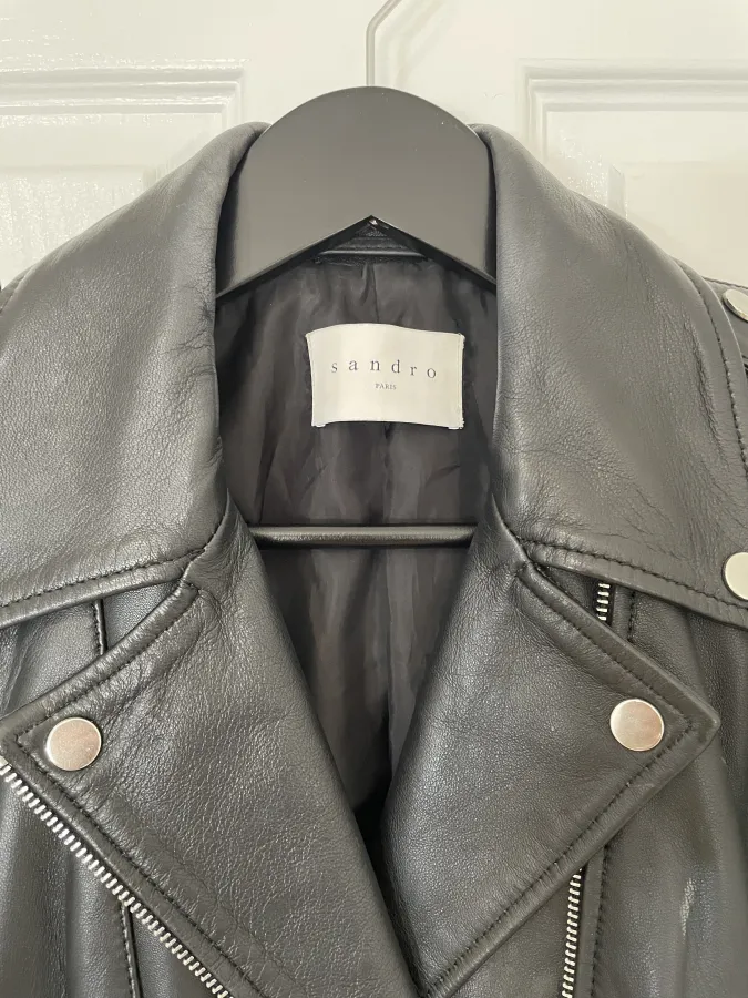 Sandro Paris: Cropped Leather Biker Jacket with Silver Hardware - Photo 14 of 14