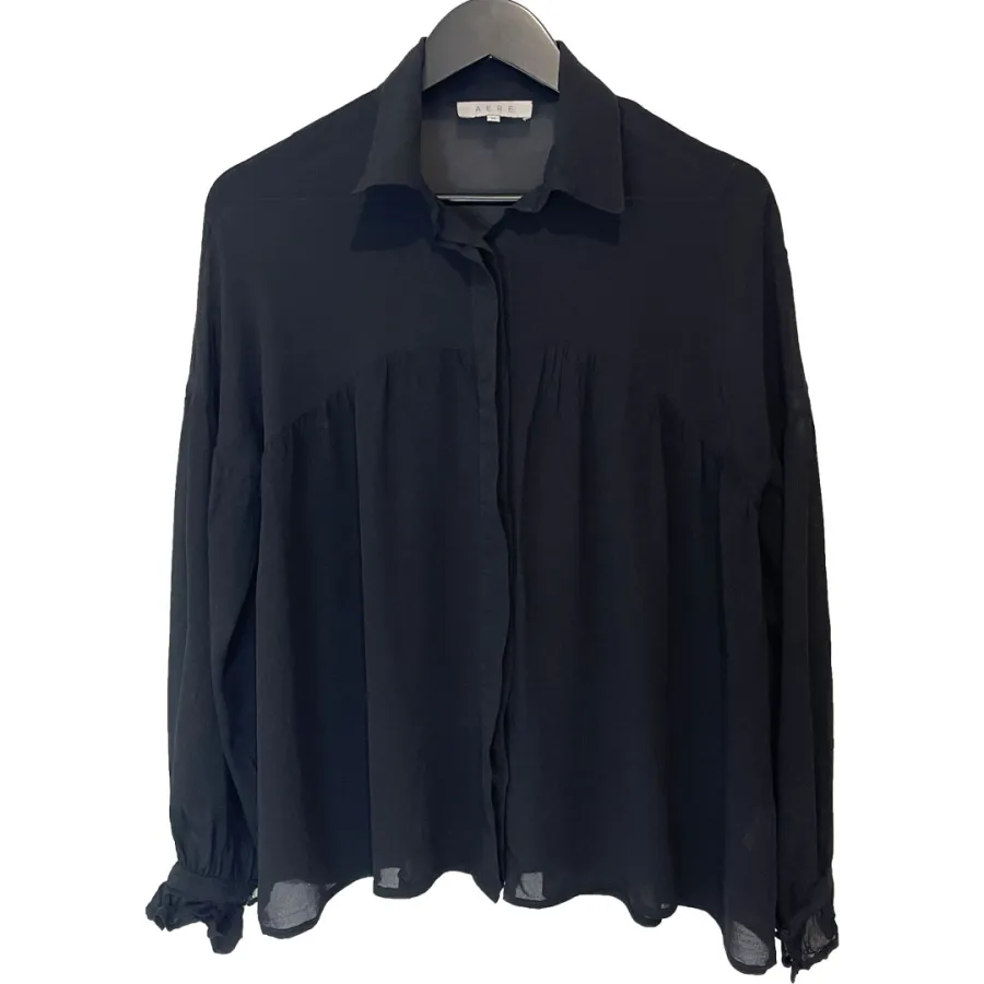 Aere: Sheer Button Front Black Blouse - Photo 1 of 7