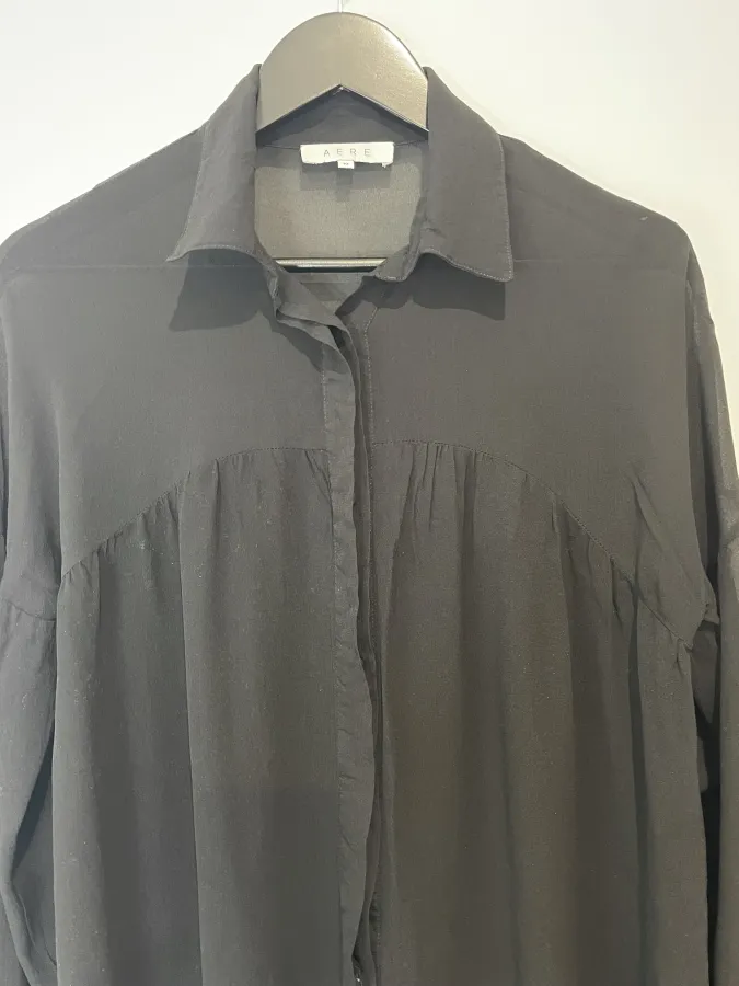 Aere: Sheer Button Front Black Blouse - Photo 2 of 7
