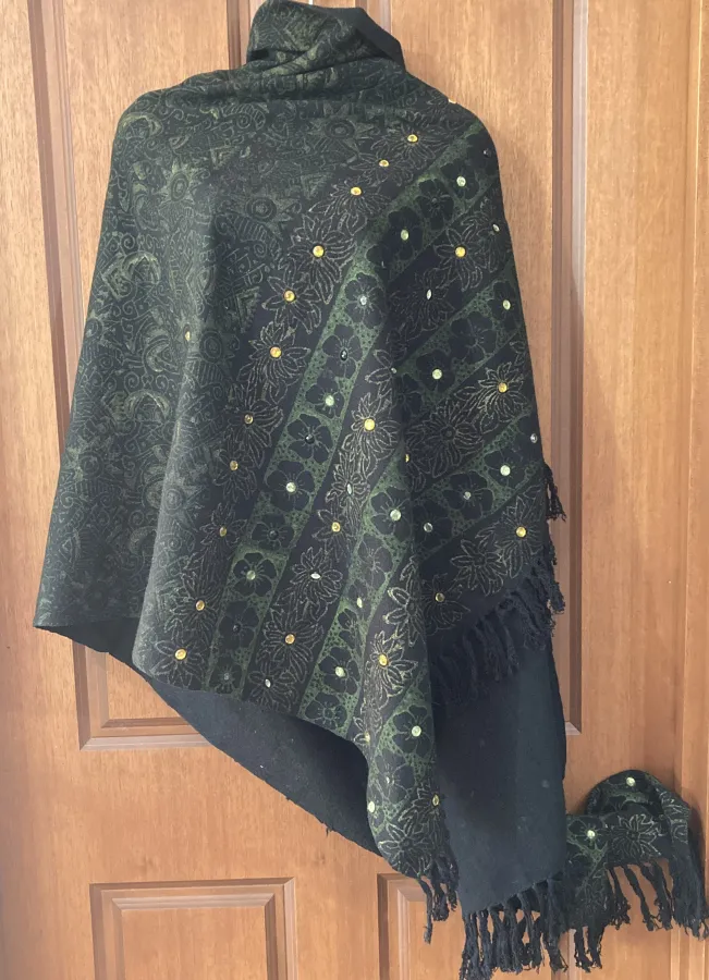 Green and black floral rhinestone studded fringed wool shawl or wrap - Photo 1 of 6