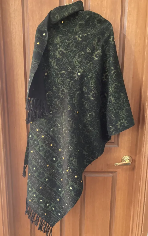 Green and black floral rhinestone studded fringed wool shawl or wrap - Photo 2 of 6