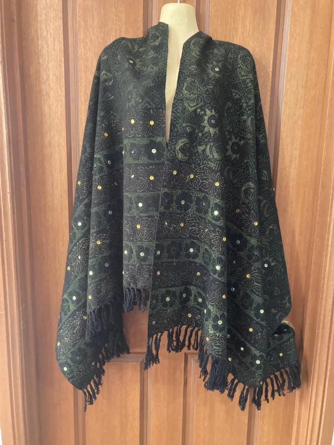 Green and black floral rhinestone studded fringed wool shawl or wrap - Photo 3 of 6