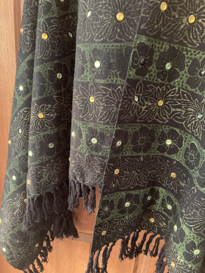 Green and black floral rhinestone studded fringed wool shawl or wrap - Photo 4 of 6