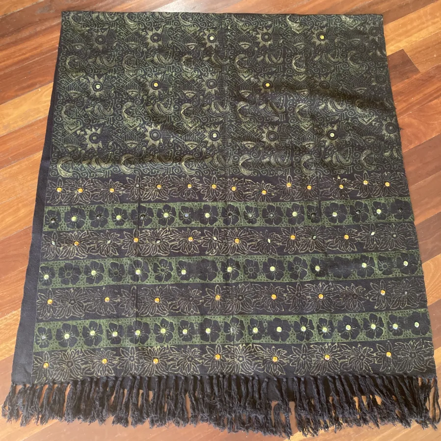 Green and black floral rhinestone studded fringed wool shawl or wrap - Photo 5 of 6