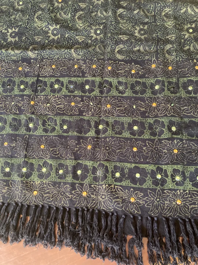 Green and black floral rhinestone studded fringed wool shawl or wrap - Photo 6 of 6