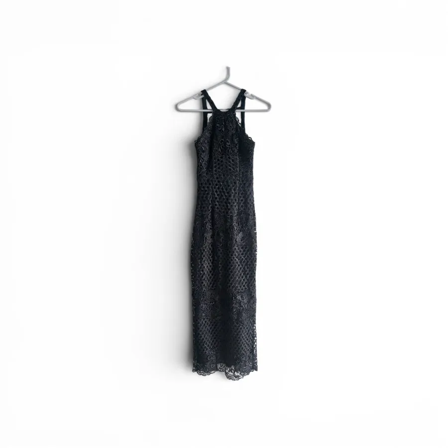 Bariano Black Lace Evening Gown Size 6 – Halter Neck Criss-Cross Back Maxi Back Split Hem Occasion Dress - Photo 1 of 6