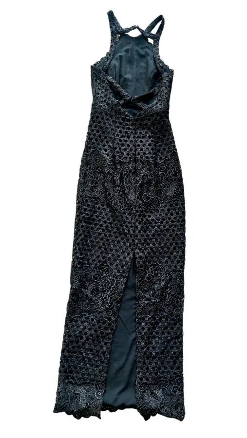Bariano Black Lace Evening Gown Size 6 – Halter Neck Criss-Cross Back Maxi Back Split Hem Occasion Dress - Photo 2 of 6