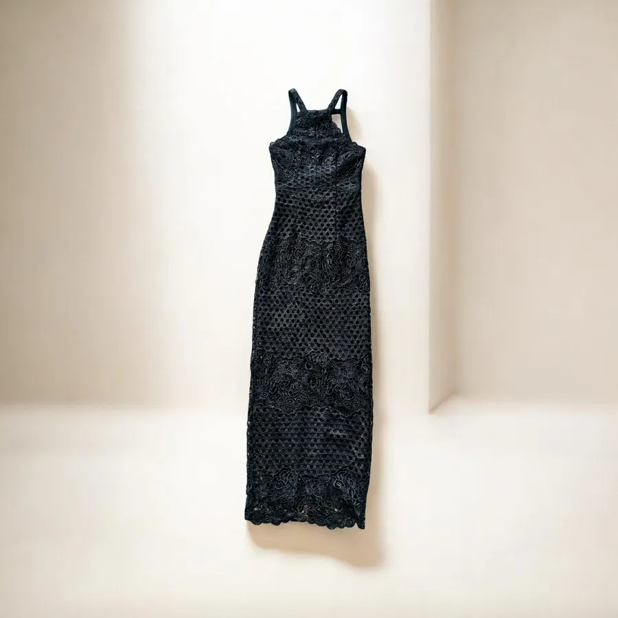 Bariano Black Lace Evening Gown Size 6 – Halter Neck Criss-Cross Back Maxi Back Split Hem Occasion Dress - Photo 6 of 6