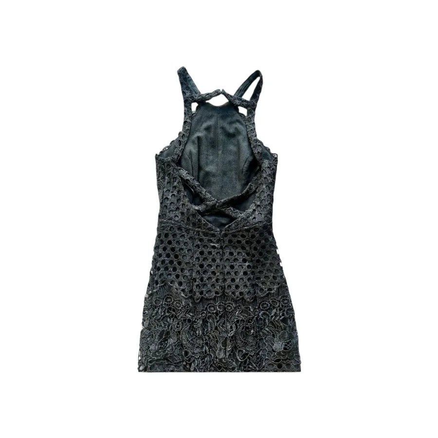 Bariano Black Lace Evening Gown Size 6 – Halter Neck Criss-Cross Back Maxi Back Split Hem Occasion Dress - Photo 6 of 10
