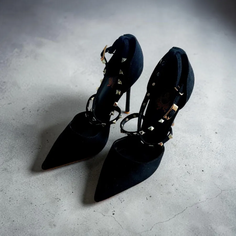 Opera Black Suede Pointed Toe 4" Heels Size 36 AU5 Criss Cross Strap Gold Stud Detail - Photo 2 of 6