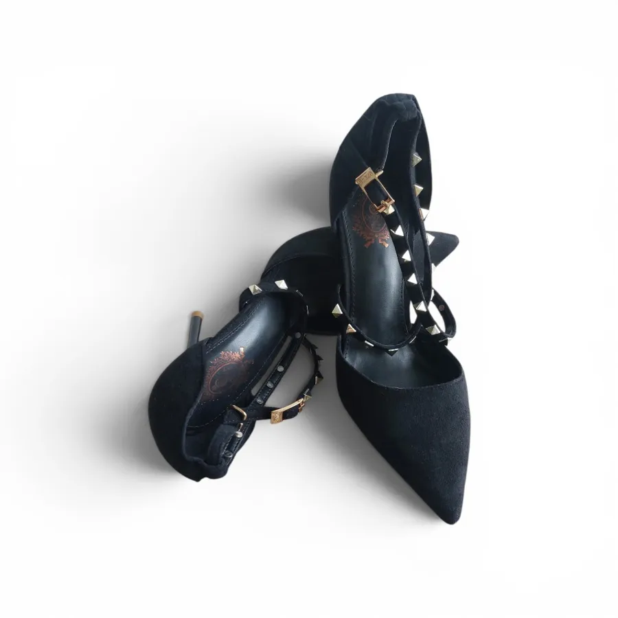 Opera Black Suede Pointed Toe 4" Heels Size 36 AU5 Criss Cross Strap Gold Stud Detail - Photo 3 of 6