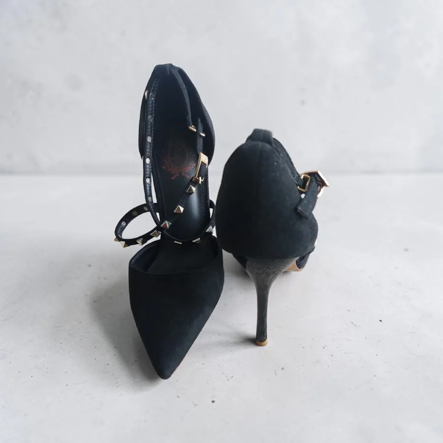 Opera Black Suede Pointed Toe 4" Heels Size 36 AU5 Criss Cross Strap Gold Stud Detail - Photo 4 of 6
