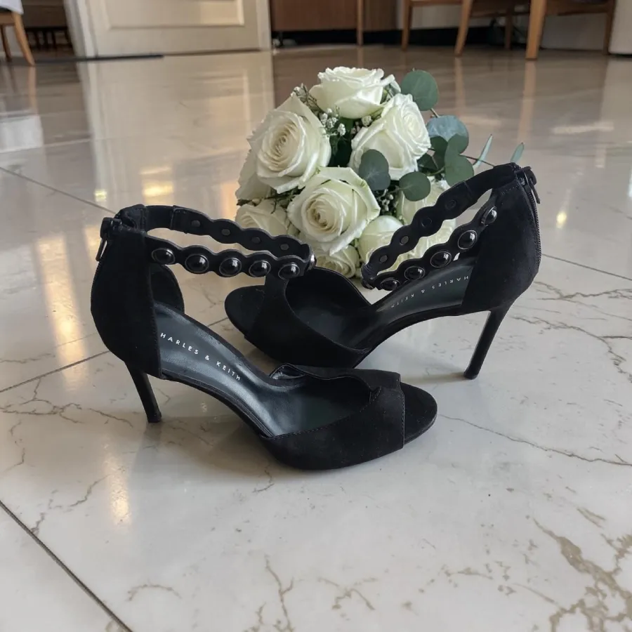 Charles & Keith Black Suede Ankle Strap Stiletto Heels 4” Open Toe Zip Back Size 35 - Photo 1 of 5