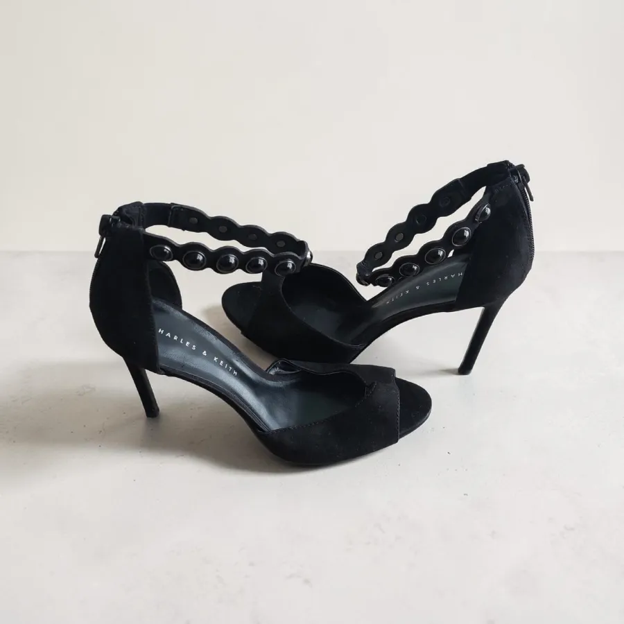 Charles & Keith Black Suede Ankle Strap Stiletto Heels 4” Open Toe Zip Back Size 35 - Photo 2 of 5
