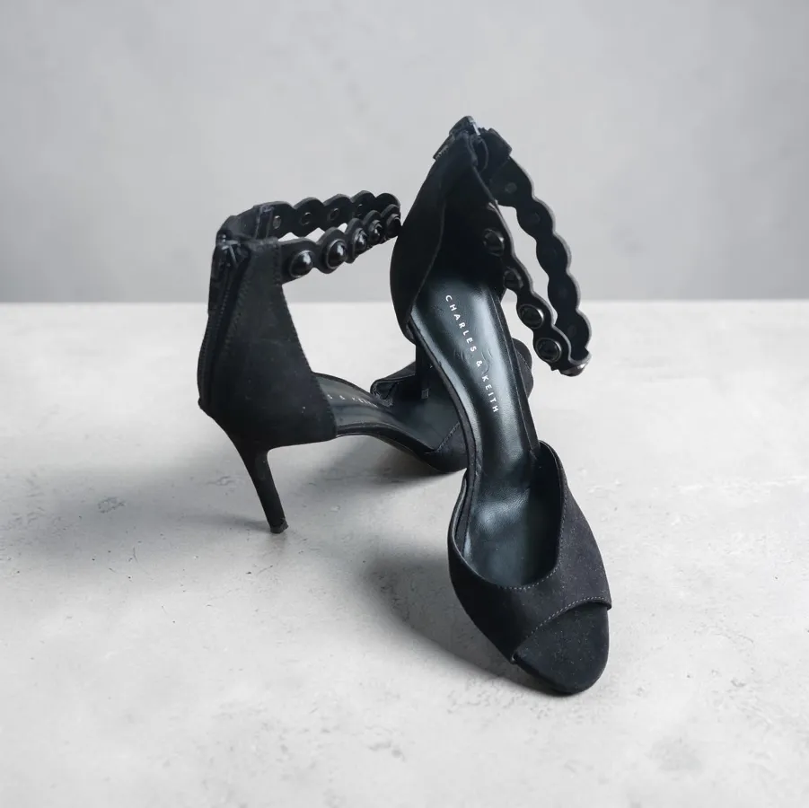 Charles & Keith Black Suede Ankle Strap Stiletto Heels 4” Open Toe Zip Back Size 35 - Photo 3 of 5