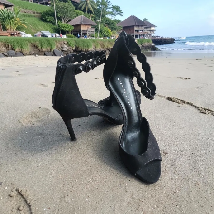 Charles & Keith Black Suede Ankle Strap Stiletto Heels 4” Open Toe Zip Back Size 35 - Photo 5 of 5
